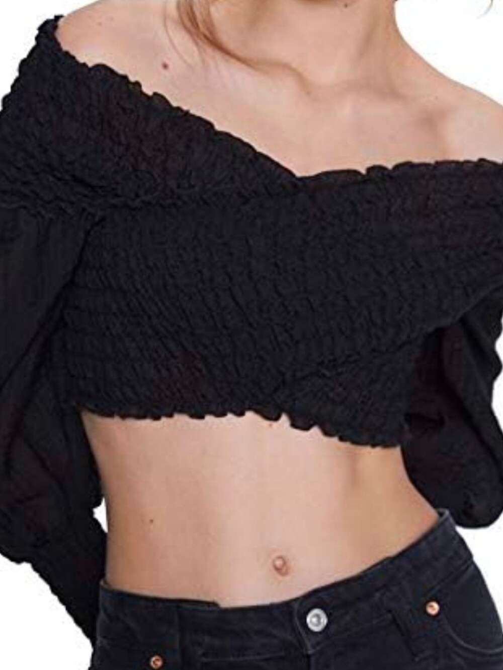 Off-Shoulder Black Smocked Crop Top - Picture 11 of 11